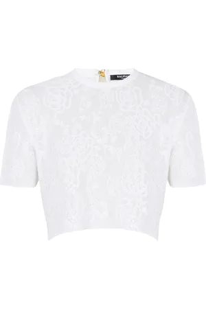 Balmain Stickade tröjor & koftor, Dam, 2Xs, Polyester, Kort Spetstopp med Blommönster