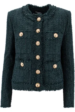 Balmain Jacka, Dam, M, Tweed, Grön tweedkavaj med Testa di Leone-knappar