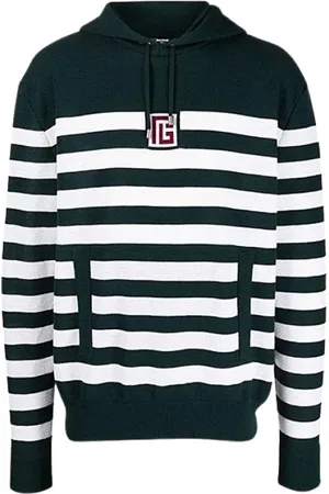Balmain Sweatshirts & Hoodies, Herr, M, Ull Logo Sweatshirt Horisontella Ränder Huva
