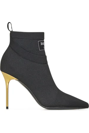 Balmain Skor, Dam, 39 EU, Polyester, Svarta ankelboots med guld stiletto