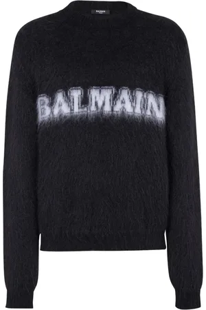 Balmain Stickade tröjor & koftor, Herr, S, Logo-Print Tröja Rund Hals Herr