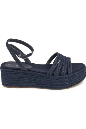 Tommy Hilfiger Skor, Dam, 37 EU, Linne, Blå Linne Kil Sandaler med Detaljerade Accenter