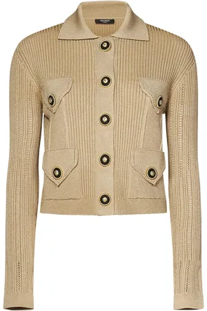 Balmain Stickade tröjor & koftor, Dam, XS, Polyester, Ribbstickad Kort Kofta med Guldiga Knappar