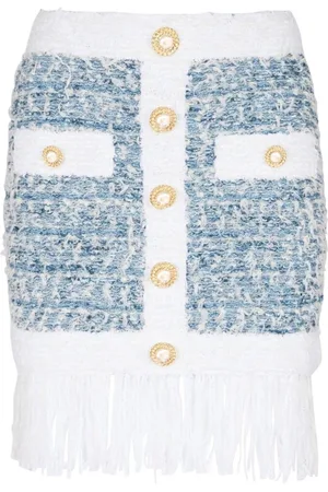 Balmain Kjol, Dam, M, Tweed, Powder Tweedkjol med Fransdetaljer