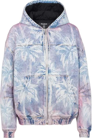 Balmain Jacka, Herr, 2Xl, Denim, Denim Hooded Bomberjacka med Palm Tree-tryck