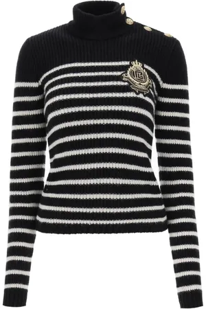 Balmain Stickade tröjor & koftor, Dam, S, Kashmir, Randig tröja med logopatch