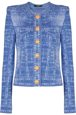 Balmain Stickade tröjor & koftor, Dam, S, Denim, Jacquardstickad kofta med denim effekt