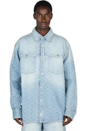Balmain Skjorta, Herr, L, Denim, Monogram Jacquard Denim Skjorta