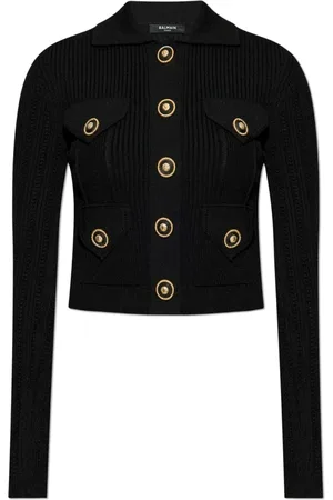 Balmain Stickade tröjor & koftor, Dam, S, Polyester, Spetsstickad tröja med krage