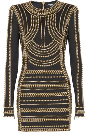 Balmain Klänning, Dam, XS, Kort klänning broderad med gyllene pärlor