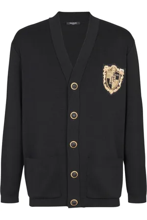 Balmain Stickade tröjor & koftor, Herr, S, Stickad kofta med broderad lapp