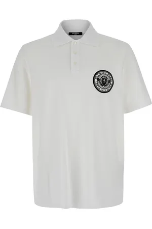 Balmain Topp, Herr, L, Bomull, Vit Pikétröja med Mynttryck