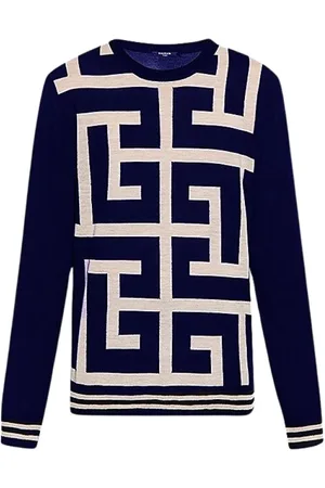 Balmain Sweatshirts & Hoodies, Dam, S, Marinblå och Vit Monogram Jacquard Ulltröja