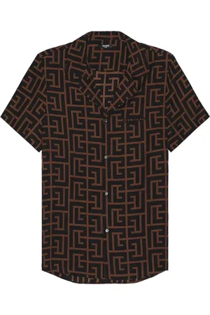 Balmain Skjorta, Herr, M, Bomull, Monogram Print SS Skjorta Mörkbrun/Svart