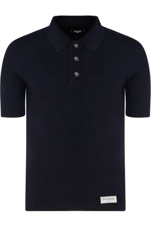 Balmain Topp, Herr, M, Blå Ull Logo Patch Polo Skjorta