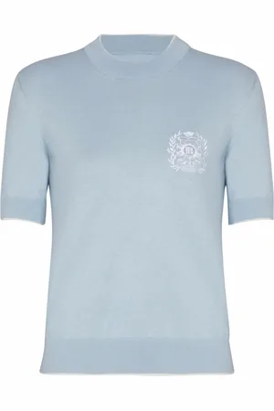 Balmain Stickade tröjor & koftor, Dam, L, Bomull, Emblème-broderad stickad topp