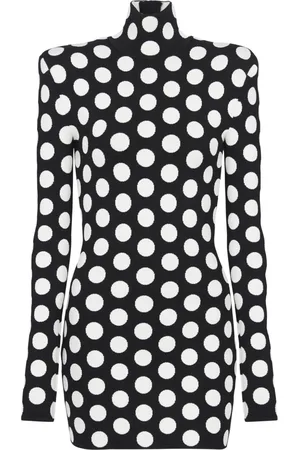 Balmain Klänning, Dam, XL, Polyester, Kort Stickad Polka-Dot Klänning med Hög Krage