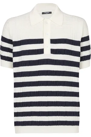 Balmain Topp, Herr, L, Randig stickad pikétröja med monogram