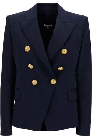 Balmain Jacka, Dam, M, Blå Dubbelknäppt Ulljacka med Peak Revers