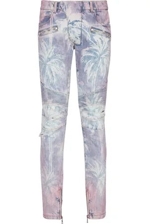 Balmain Jeans, Herr, W36, Denim, Denim biker jeans med en palmträdtryck