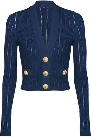 Balmain Stickade tröjor & koftor, Dam, L, Polyester, V-ringad Cropped Kofta