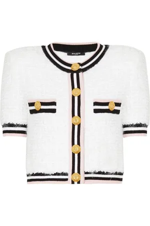 Balmain Stickade tröjor & koftor, Dam, S, Monogramstickad kofta
