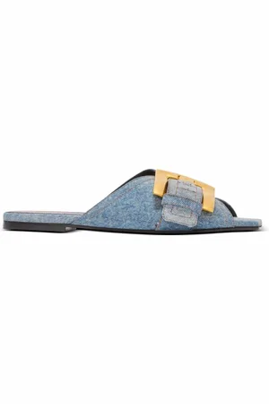 Balmain Skor, Dam, 40 EU, Denim, Anthem platta denim sandaler