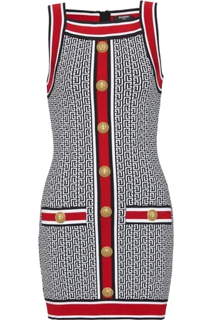 Balmain Klänning, Dam, S, Polyester, Monogramstickad Klänning Lion Head Knappar