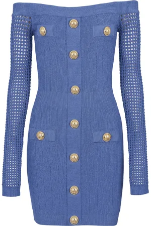 Balmain Klänning, Dam, L, Polyester, Off-shoulder mesh stickad klänning