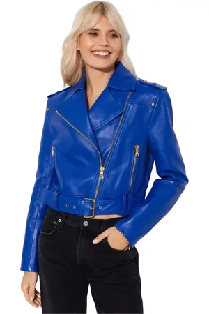 Balmain Jacka, Dam, S, Läder, Blå läder bikerjacka