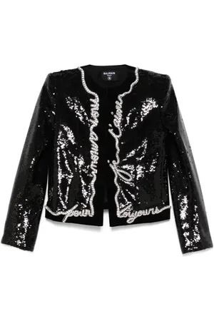 Balmain Jacka, Dam, S, Svart Paljettkavaj med Axelvaddar