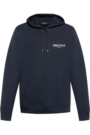 Balmain Sweatshirts & Hoodies, Herr, L, Navy Hoodie med Logo Print