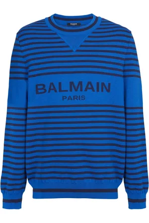 Balmain Stickade tröjor & koftor, Herr, L, Linne, randig ull och linne rund hals