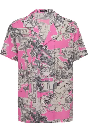 Balmain Skjorta, Herr, S, Kortärmad silkepyjamas skjorta med Miami-tryck