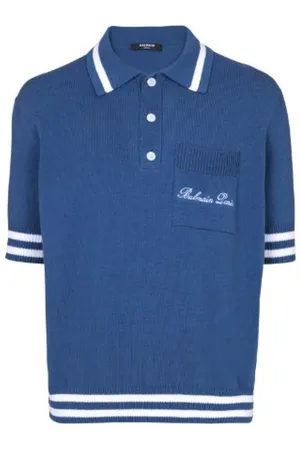 Balmain Topp, Herr, M, Blå Knäppt Polo Skjorta Kort Ärm