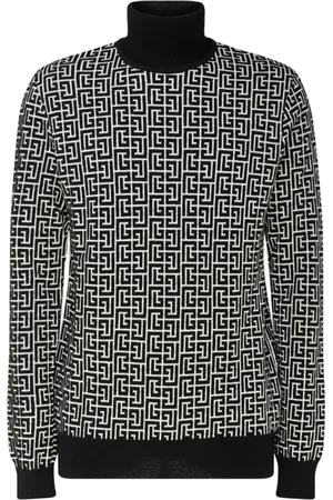 Balmain Stickade tröjor & koftor, Herr, S, Linne, Monogram Print Jumper i Navy