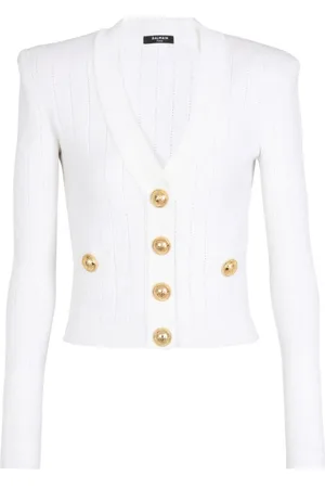 Balmain Stickade tröjor & koftor, Dam, M, Polyester, Knäppt, kortstickad kofta
