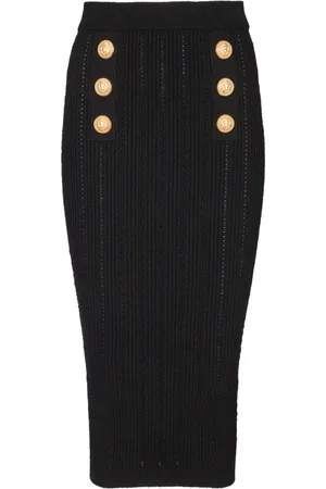 Balmain Kjol, Dam, XS, Polyester, Midi Stickad Kjol med Knappar
