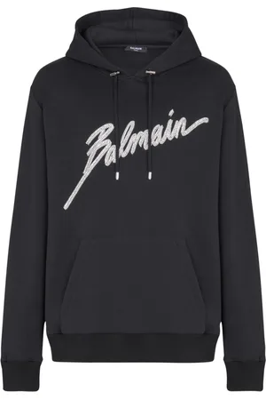 Balmain Sweatshirts & Hoodies, Herr, M, Bomull, Broderad Bamain Brev huvtröja