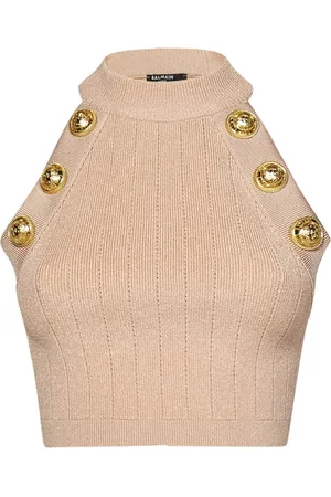 Balmain Topp, Dam, XS, Polyester, Rosa Ribbad Topp med Guld Knappar