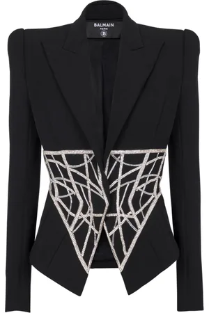 Balmain Jacka, Dam, XS, Broderad slim-fit grain de poudre jacka