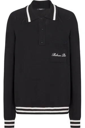 Balmain Stickade tröjor & koftor, Herr, XL, Bomull, Långärmad ullpolotröja med signaturbroderi