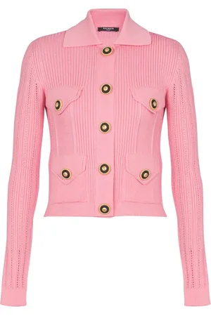 Balmain Stickade tröjor & koftor, Dam, S, Polyester, Beskuren ribbstickad kofta med öppna detaljer