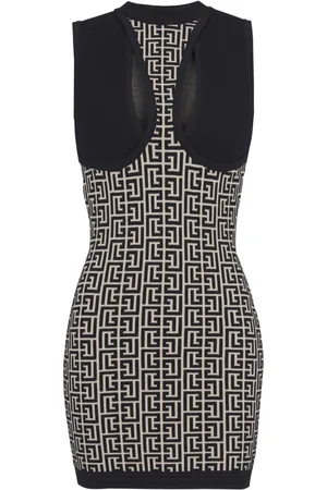 Balmain Klänning, Dam, 2Xs, Ärmlös, kort klänning i stickat monogrammönster