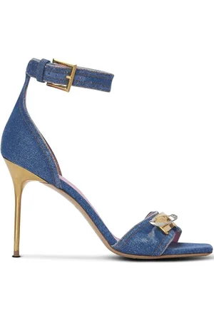 Balmain Skor, Dam, 36 EU, Denim, Blå Denim Ankel Jeans med Guld Detalj