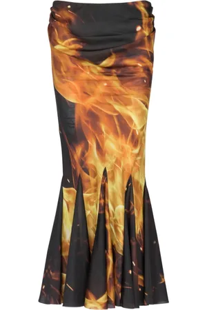 Balmain Kjol, Dam, XS, Draped Fire Tryckt Midi Kjol