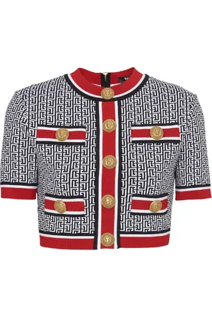 Balmain Stickade tröjor & koftor, Dam, XS, Polyester, Jacquard Monogrammerad Crop Top