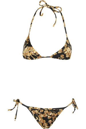 Balmain Badkläder, Dam, S, Svart triangelbikini med guldtryck