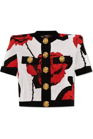 Balmain Stickade tröjor & koftor, Dam, S, Cardigan med rosmotiv