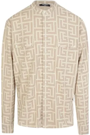 Balmain Skjorta, Herr, L, Bomull, Tjock Skjorta med Texturerat Tyg och Monogramtryck